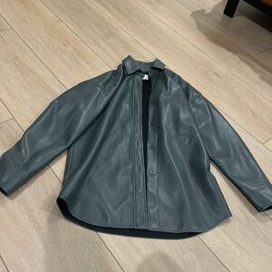 Babaton Aritzia grey/green leather jacket’ full length